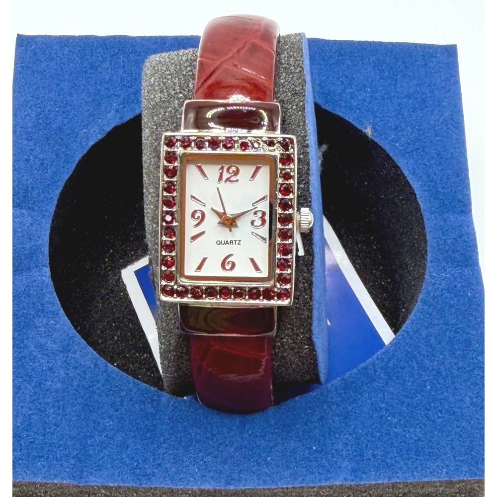 Avon Vintage Red Rhinestone Cuff Watch Silver Tone Rectangle Case Quartz